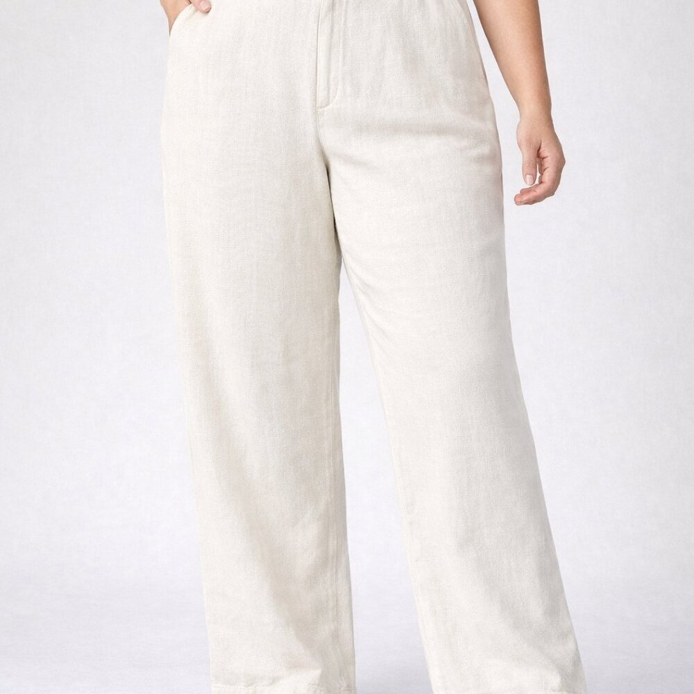 JM Collection Woman 100% Linen Pants Wide Leg Beige Pants Size 16 W Coastal